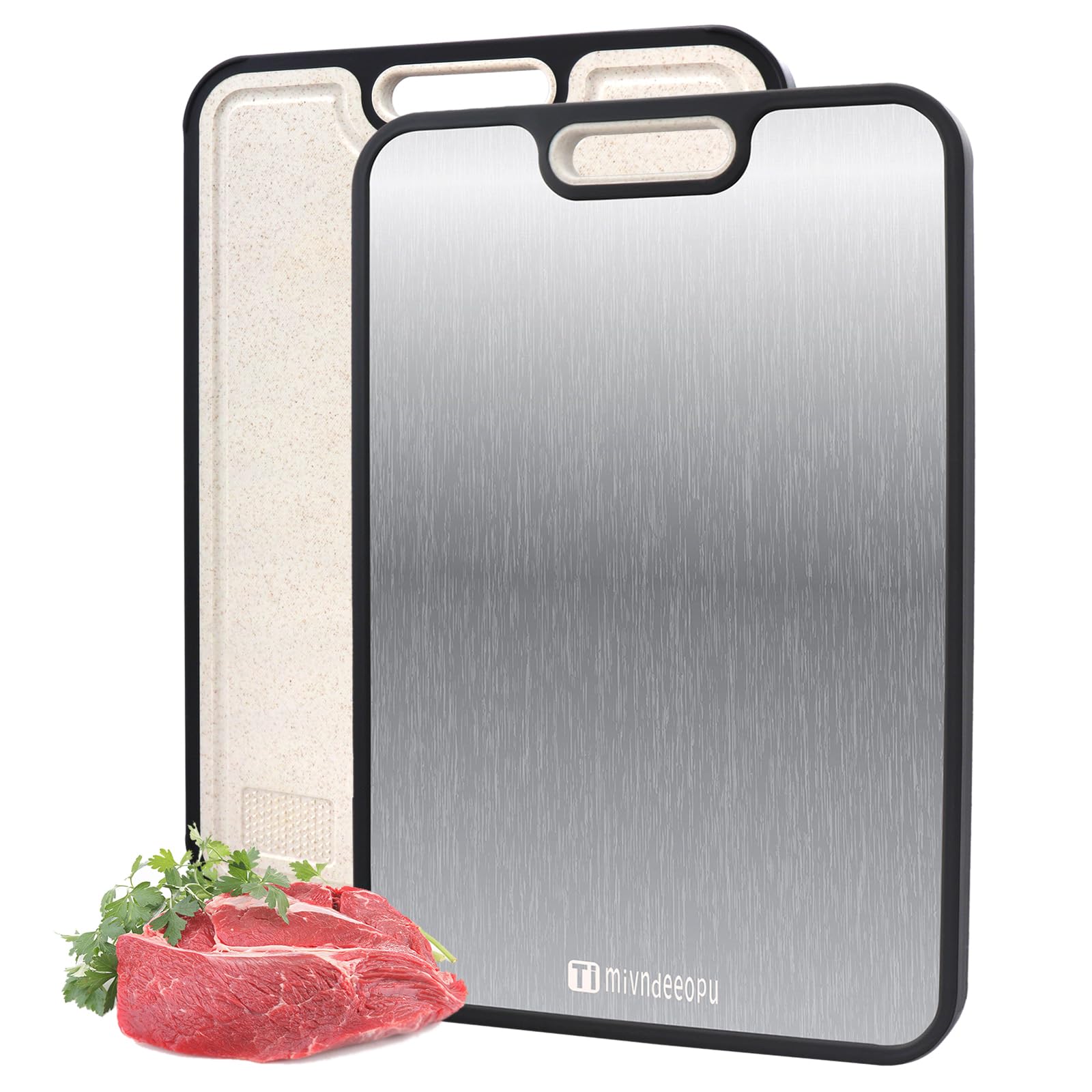 Mivndeeopu titanium cutting board with juice groove for easy juice collection.