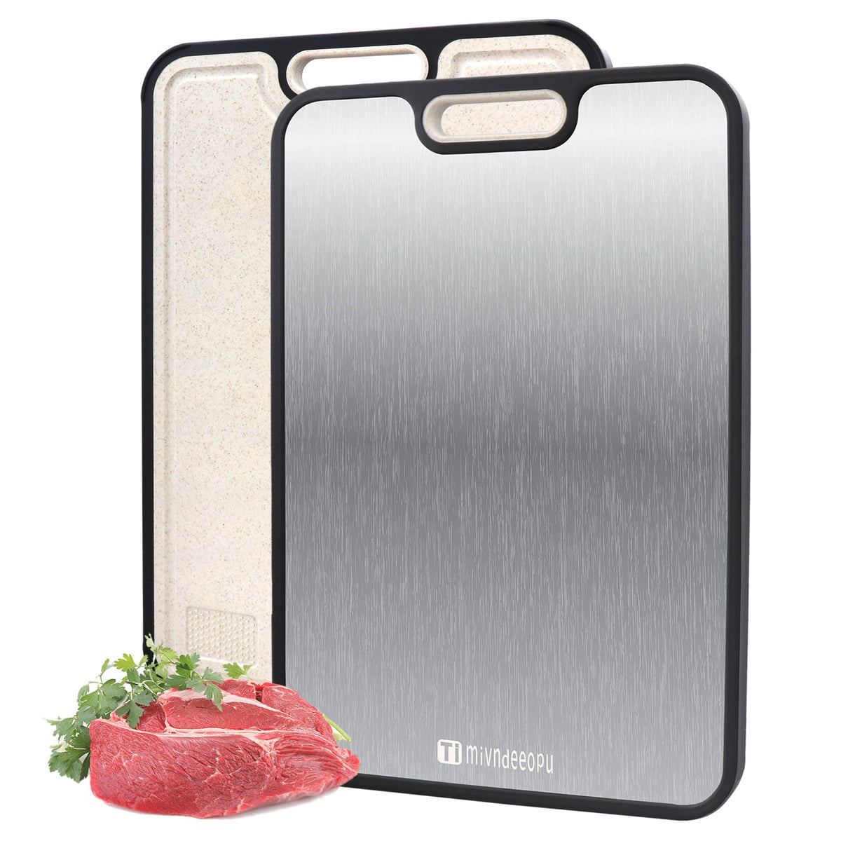 Mivndeeopu titanium cutting board with juice groove for easy juice collection.