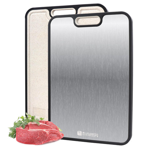Mivndeeopu titanium cutting board with juice groove for easy juice collection.