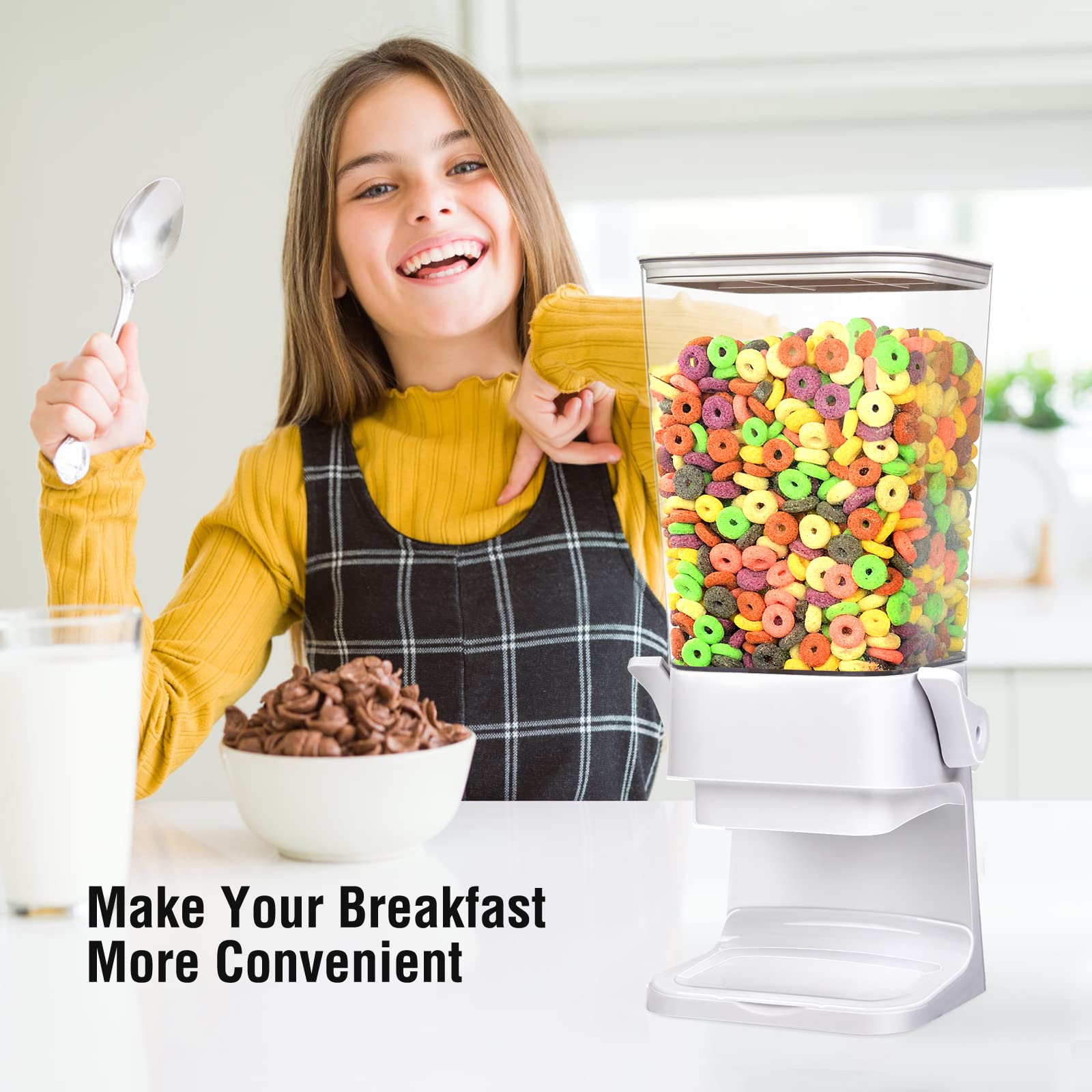 Mivvosakuki cereal dispenser front view with two large storage containers on the counter.