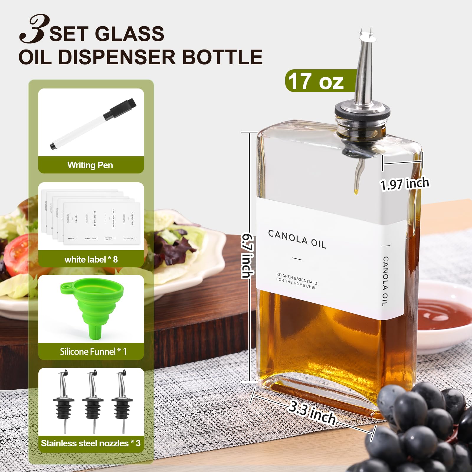 MIWUYI glass oil dispenser bottle with spout for precise drizzle.