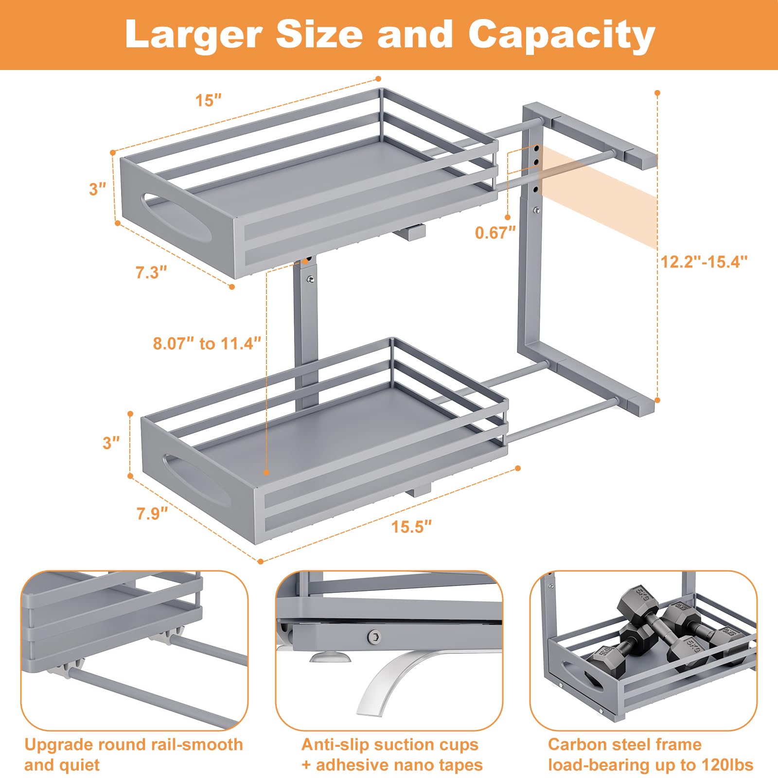 Mixeshop adjustable-height storage demonstrates versatile fit under varying sinks.