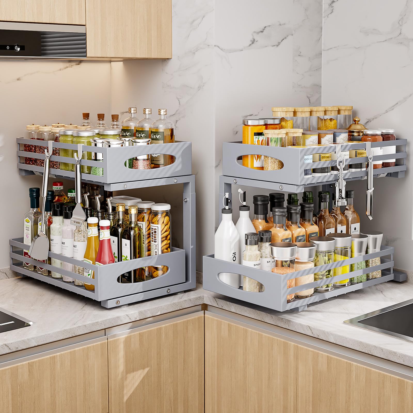 Mixeshop cabinet organizer with wire grid surface to prevent water pooling.