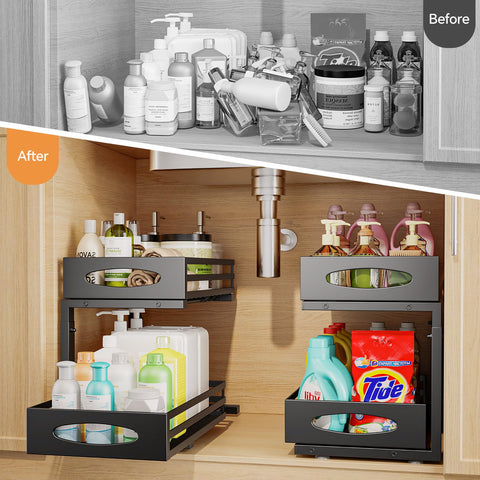 Mixeshop slide-out metal basket enables smooth retrieval from deep shelves.