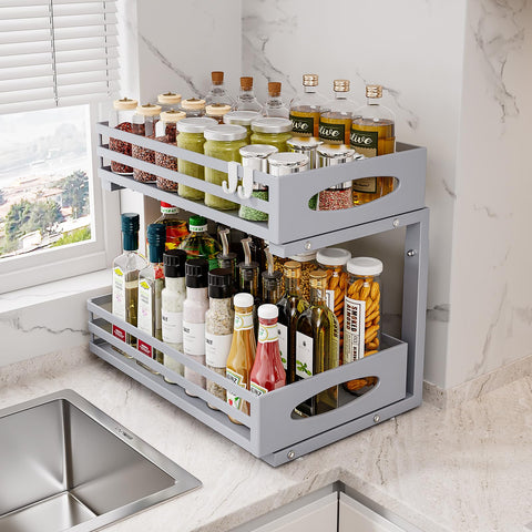 Mixeshop slide-out cabinet drawer shown for easy access to under-sink items.