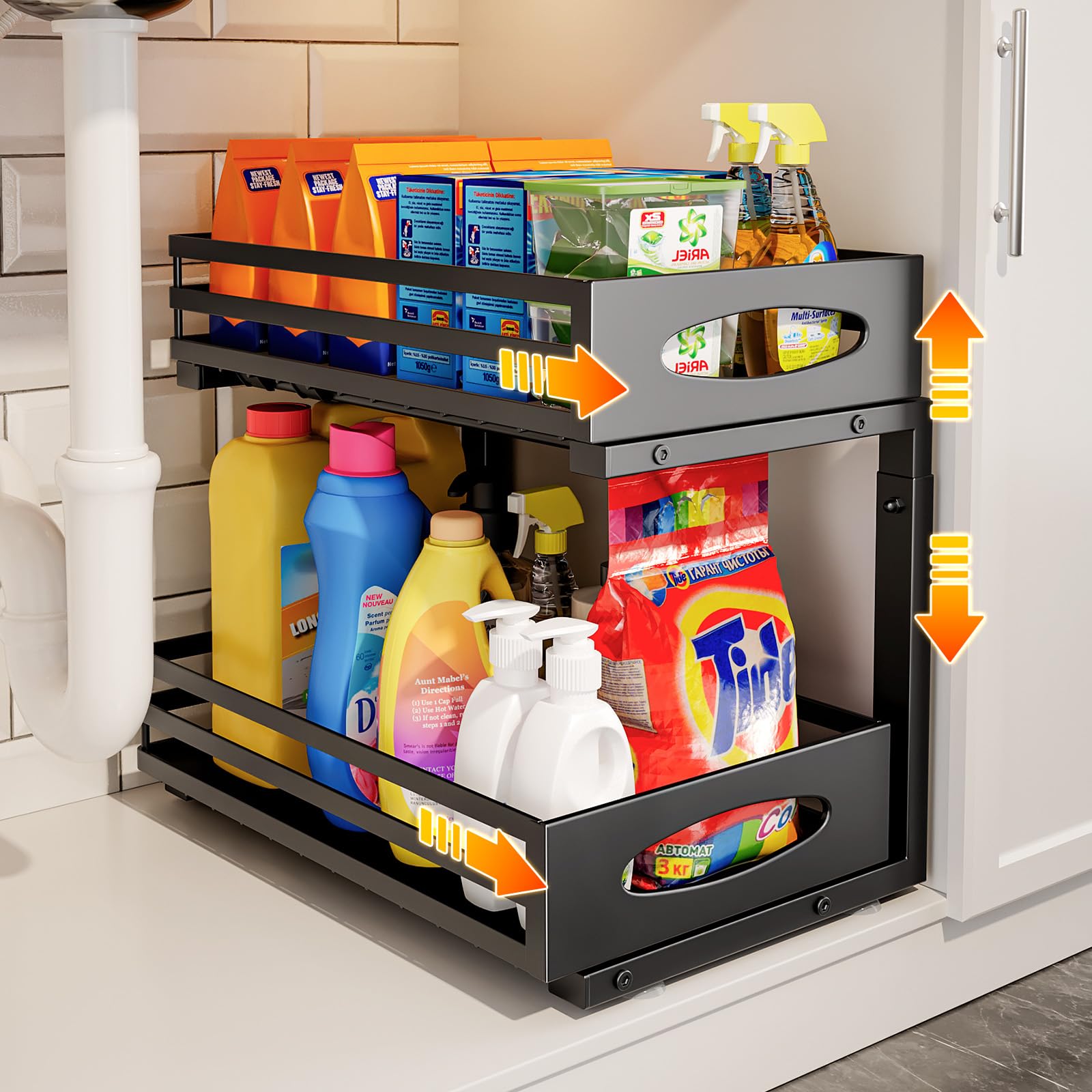 Mixeshop under-sink organizer with 2-tier pull-out for easy cabinet access.