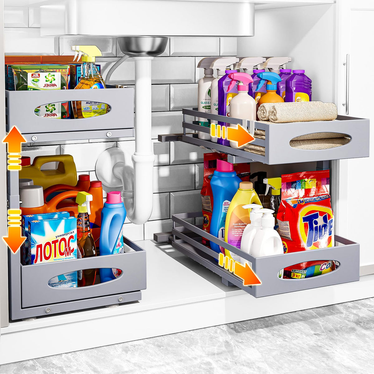 Mixeshop under-sink organizer with 2-tier slide-out for easy access.