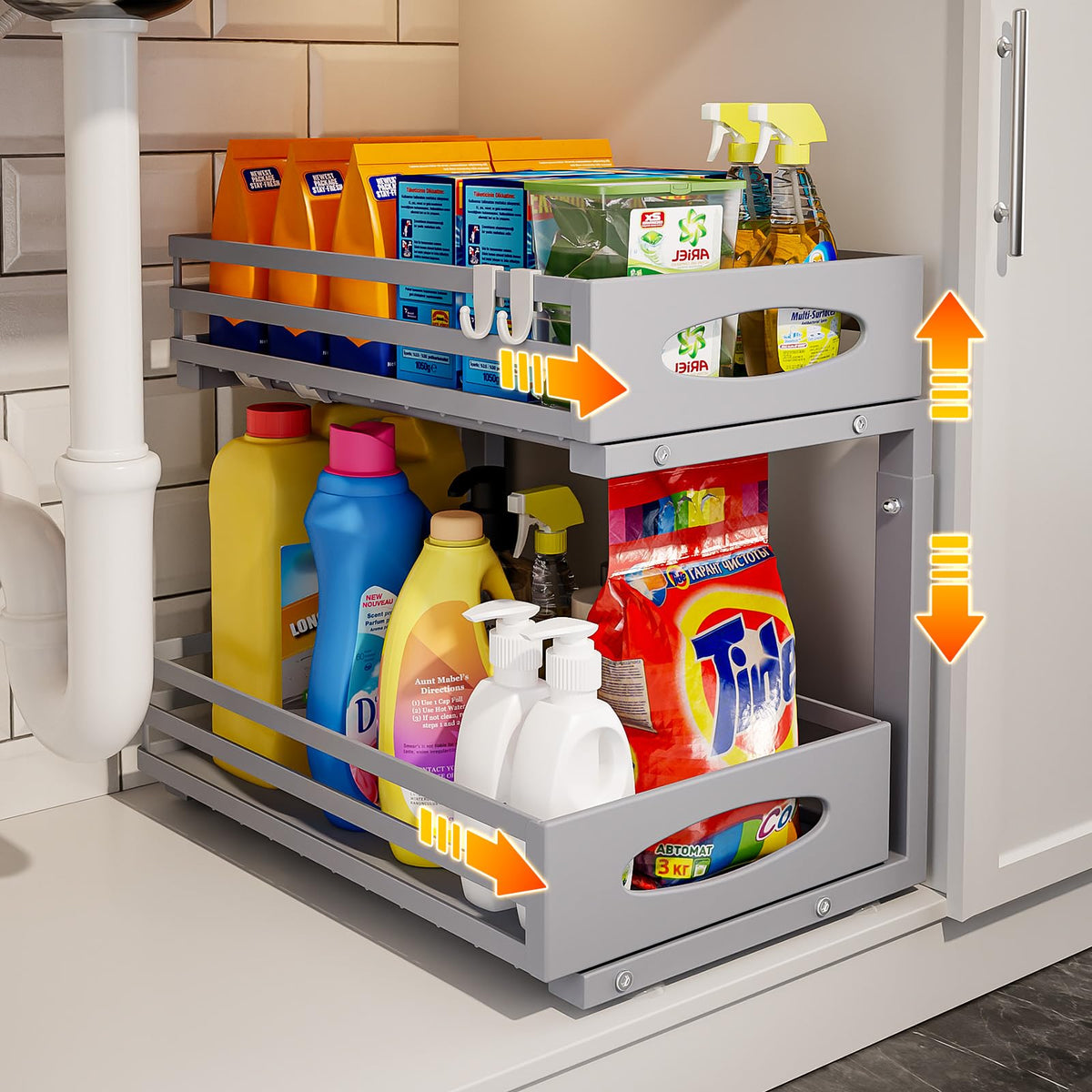 Mixeshop under-sink organizer 2-tier in use, maximizing cabinet space.