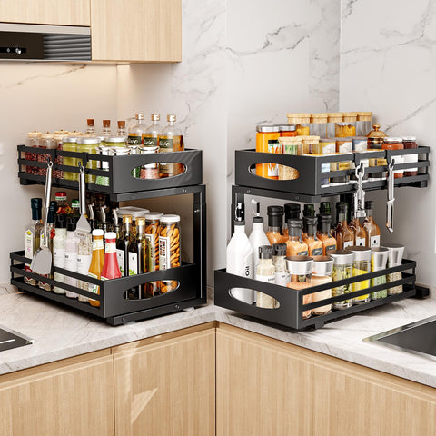 Mixeshop under-sink organizer drawer extended enables easy access to bottles and tools