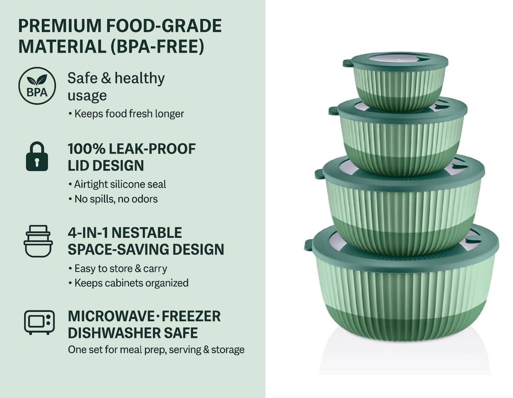 Durable BPA-free plastic bowls resist odors and stains during daily use.