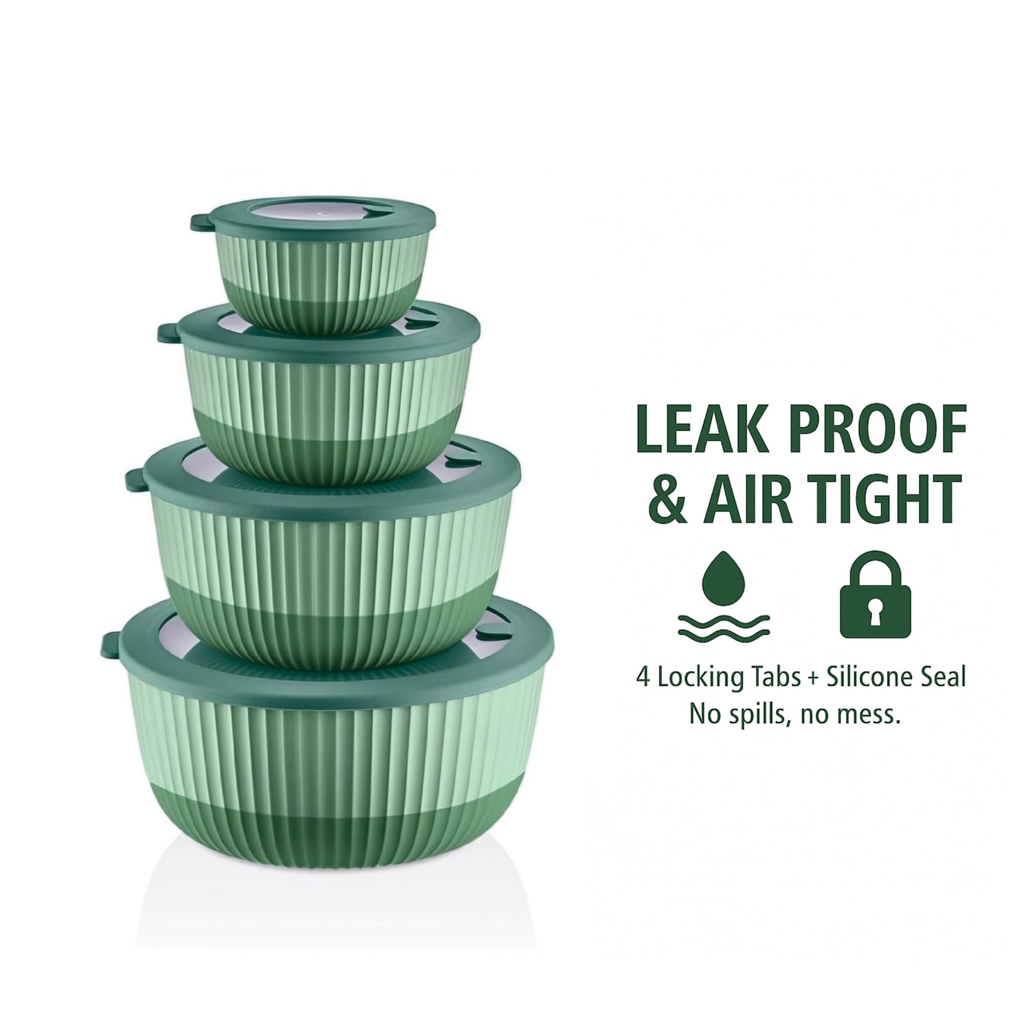 Microwave-safe and freezer-safe Mixing Bowls with Lids ready for heating or chilling.