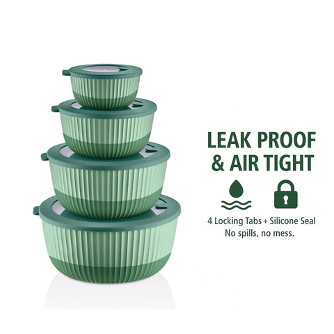 Microwave-safe and freezer-safe Mixing Bowls with Lids ready for heating or chilling.