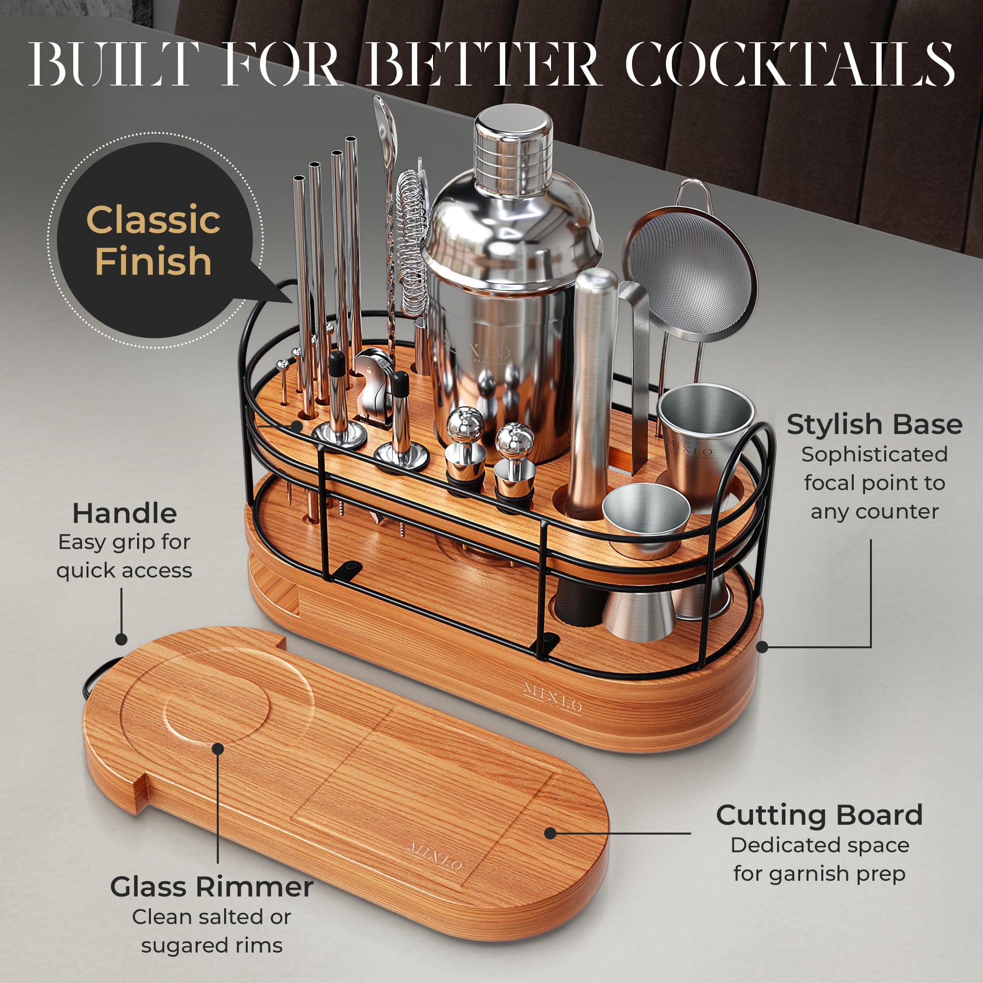MIXLO HOME bamboo stand with built-in cutting board keeps garnishes organized