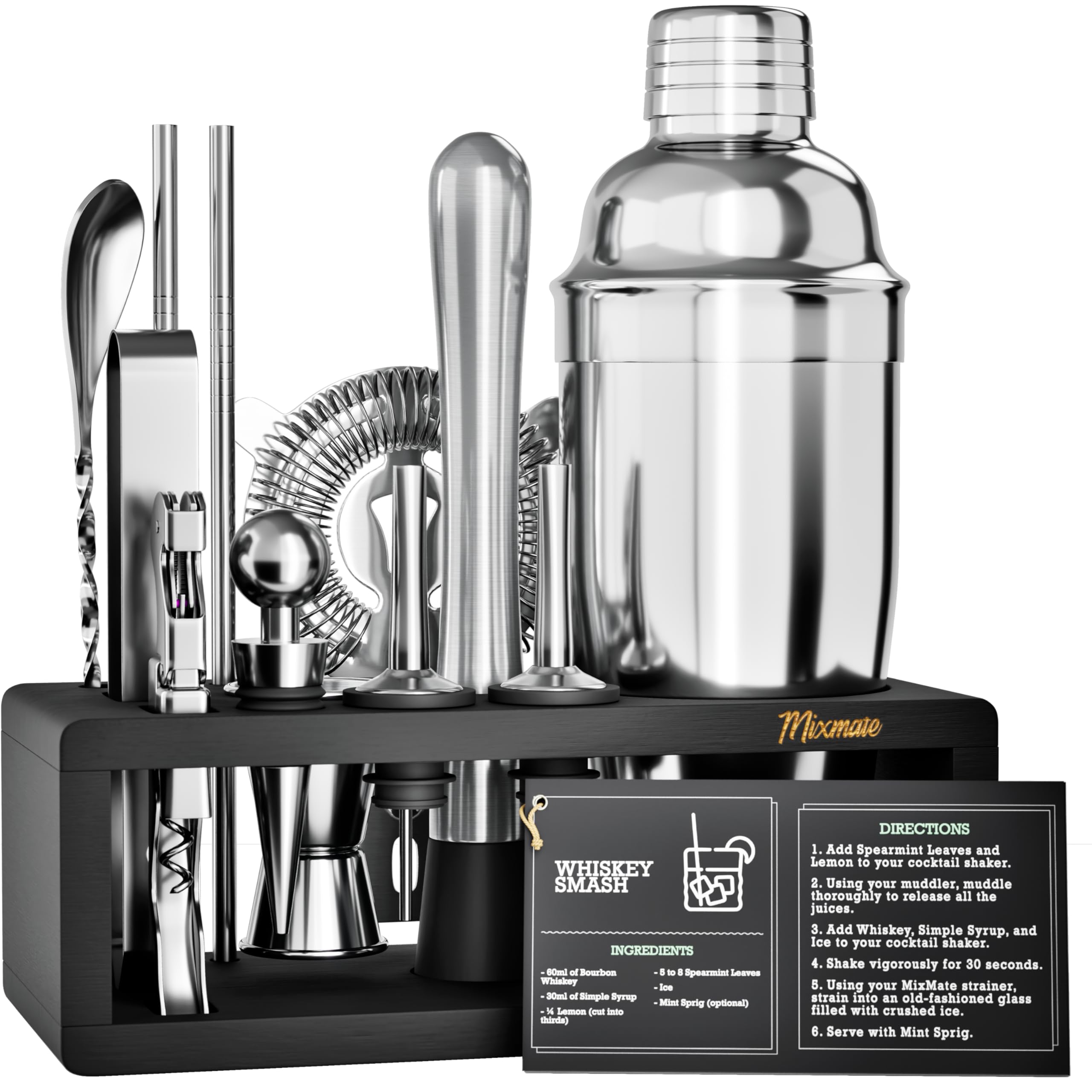 MixMate 15-piece bartender kit displayed on a dark wood stand for stylish home bar organization.