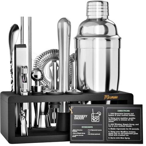 MixMate 15-piece bartender kit displayed on a dark wood stand for stylish home bar organization.