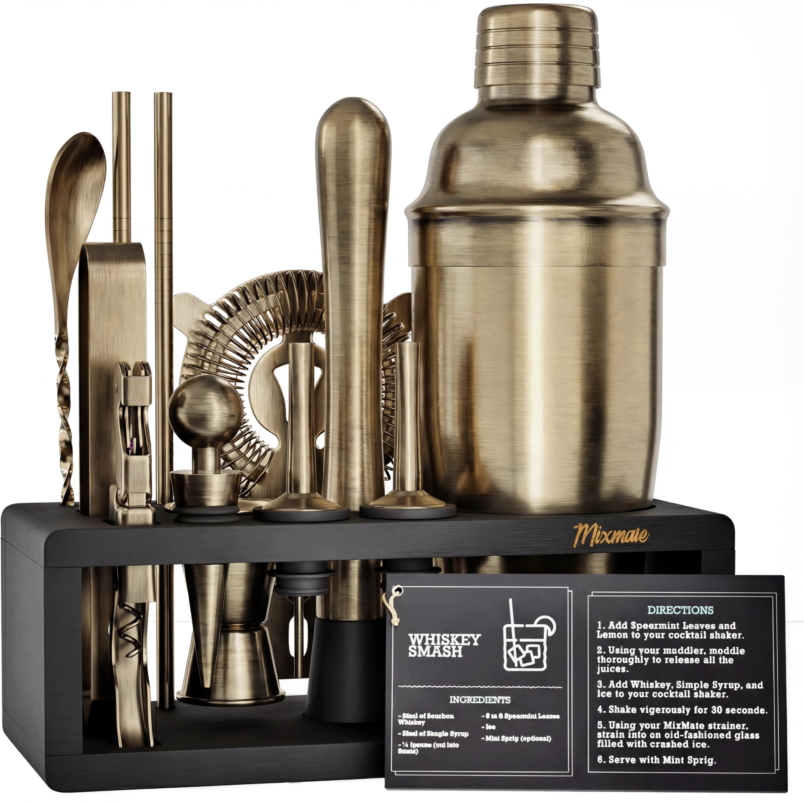 MixMate Brushed Brass Mixology Kit front view for professional-style home cocktail crafting