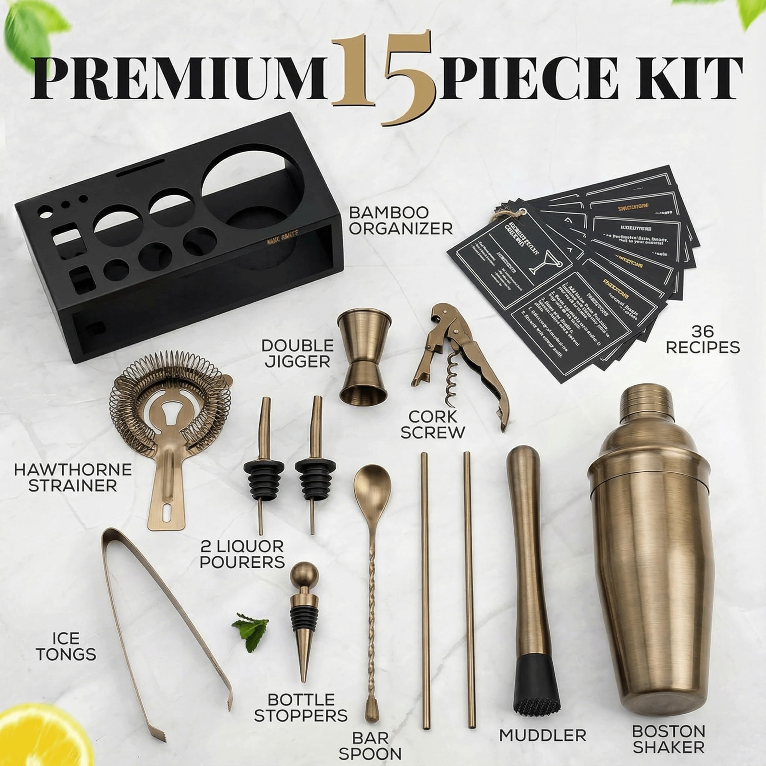 MixMate Brushed Brass kit with jigger and strainer for precise measurements