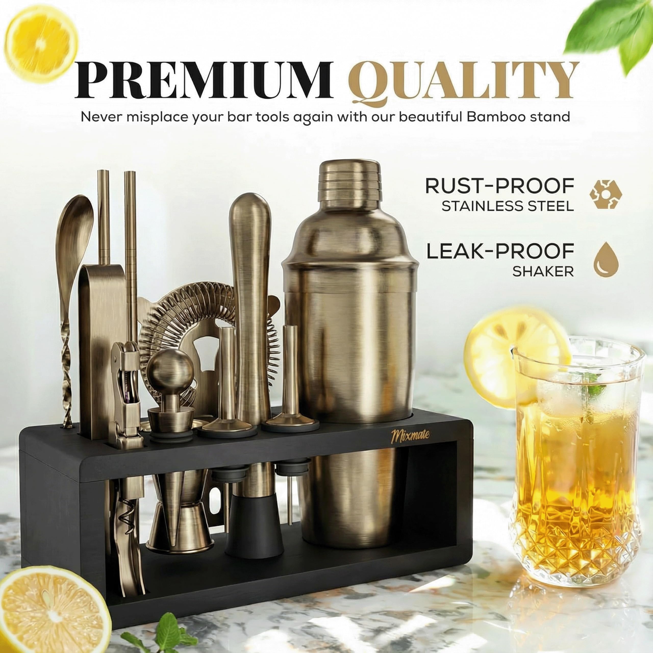 MixMate Brushed Brass kit close-up of shaker, spoon, and tongs for versatile mixing
