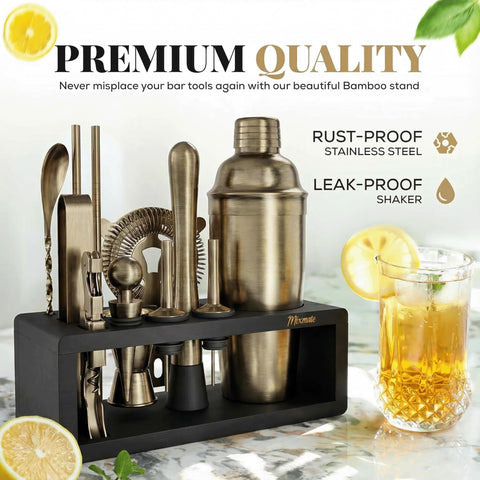 MixMate Brushed Brass kit close-up of shaker, spoon, and tongs for versatile mixing