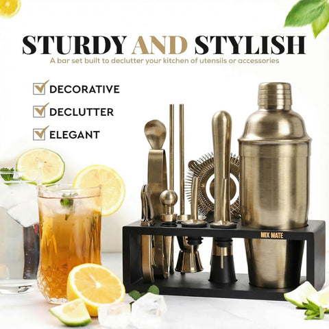 MixMate Brushed Brass Mixology Kit with wood stand displaying organized home bar setup