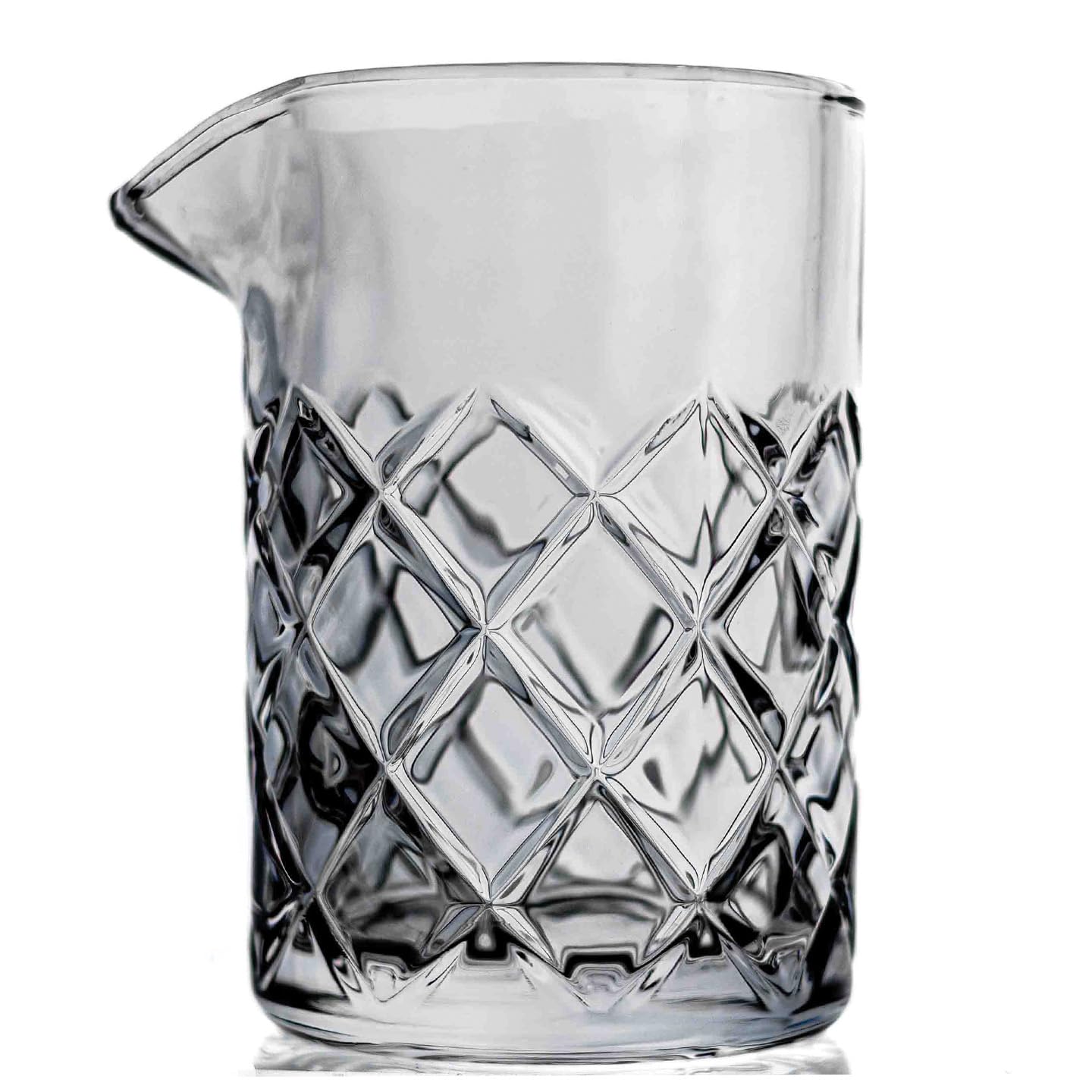 Mixologists cocktail mixing glass showing a heavy base and sturdy construction for stable stirring.