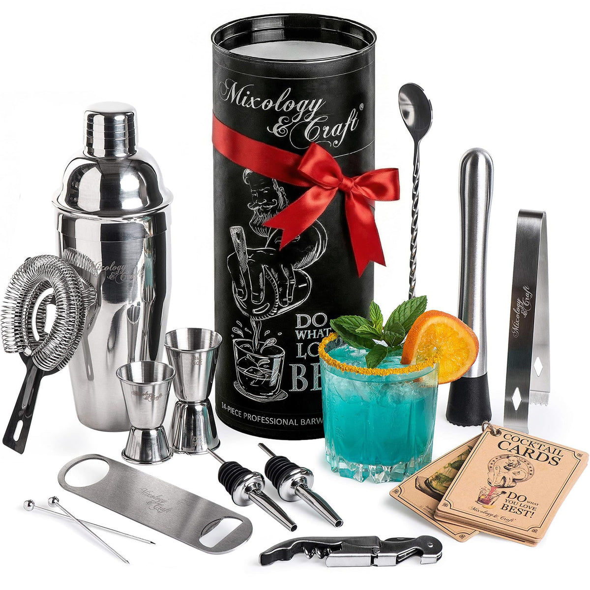 Mixology & Craft 16-piece set with 24 oz shaker for balanced pours on a bar.