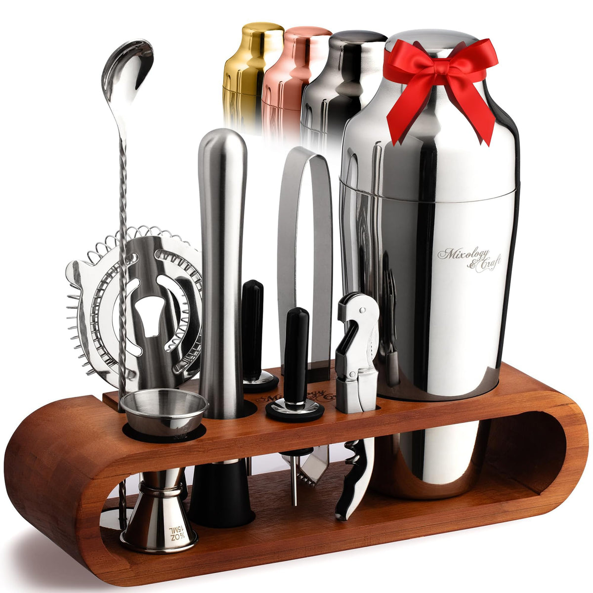 Mixology & Craft bartending kit with dark bamboo stand keeps tools neatly organized for quick access.