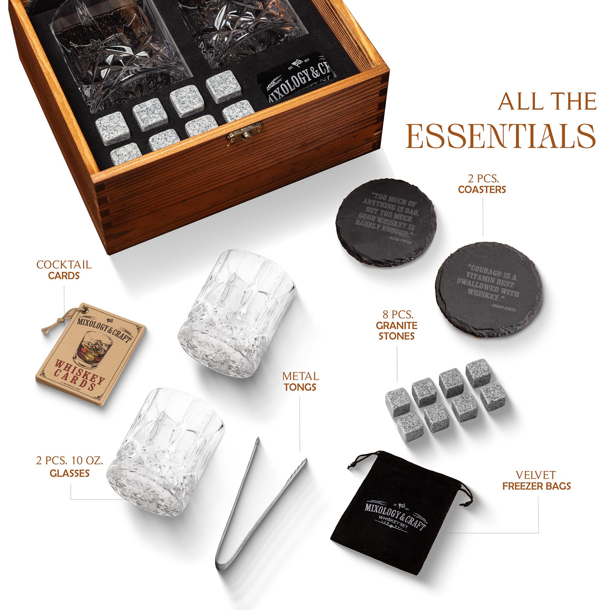 Mixology & Craft eight granite whiskey stones with velvet bag for cooling without dilution.