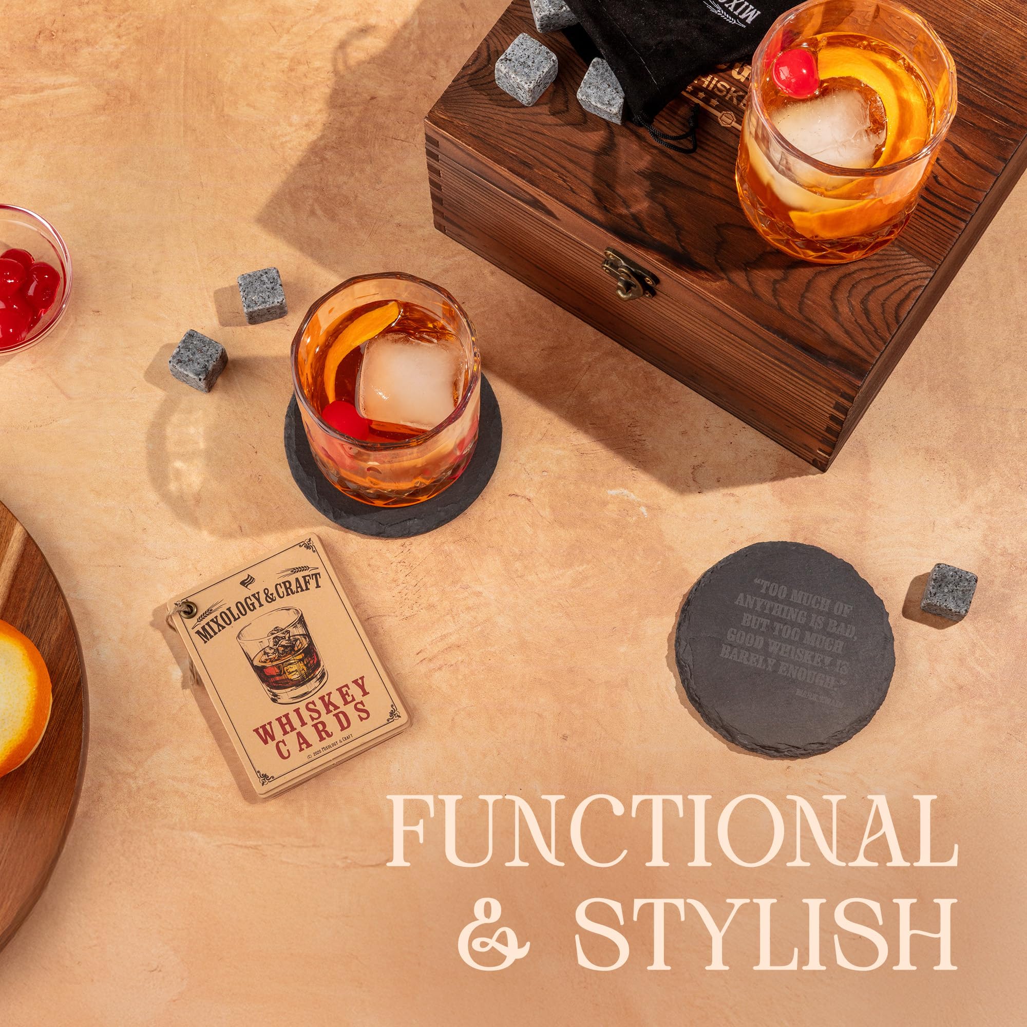 Mixology & Craft slate coasters protect surfaces while elevating presentation.