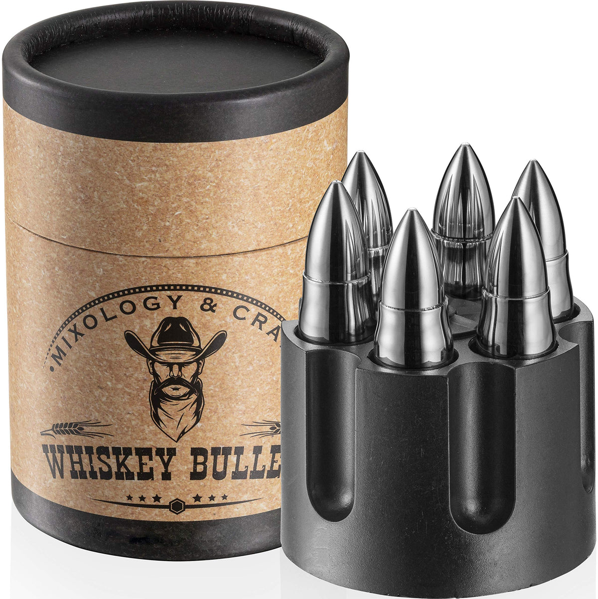 Mixology & Craft stainless steel whiskey stones in revolver case cools drinks without dilution