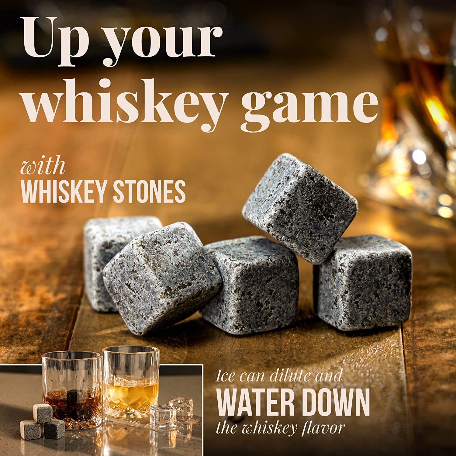 Mixology & Craft wooden tray holds stones for easy chilling.
