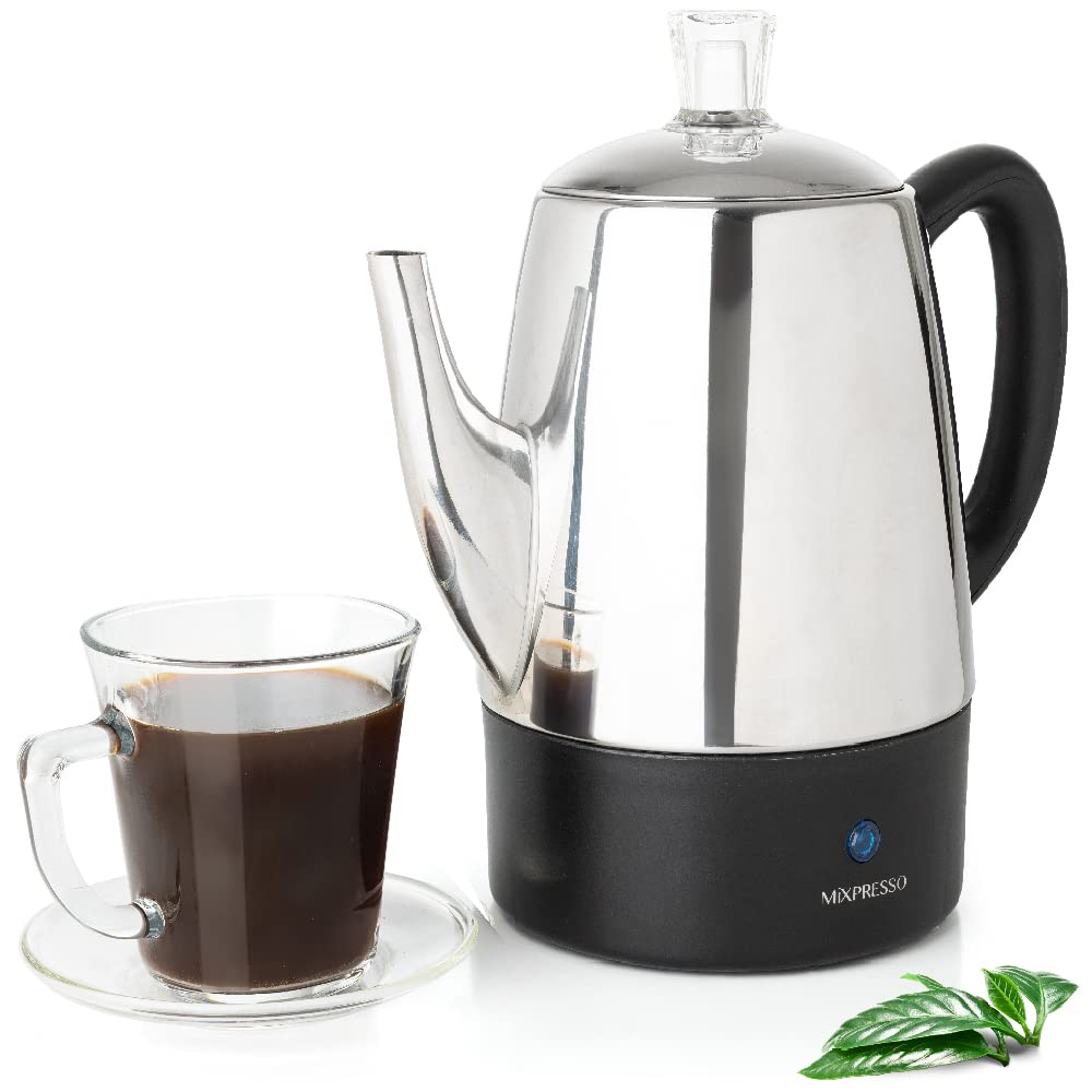 Mixpresso 10-cup percolator front view with stainless steel body for bold, hot coffee.