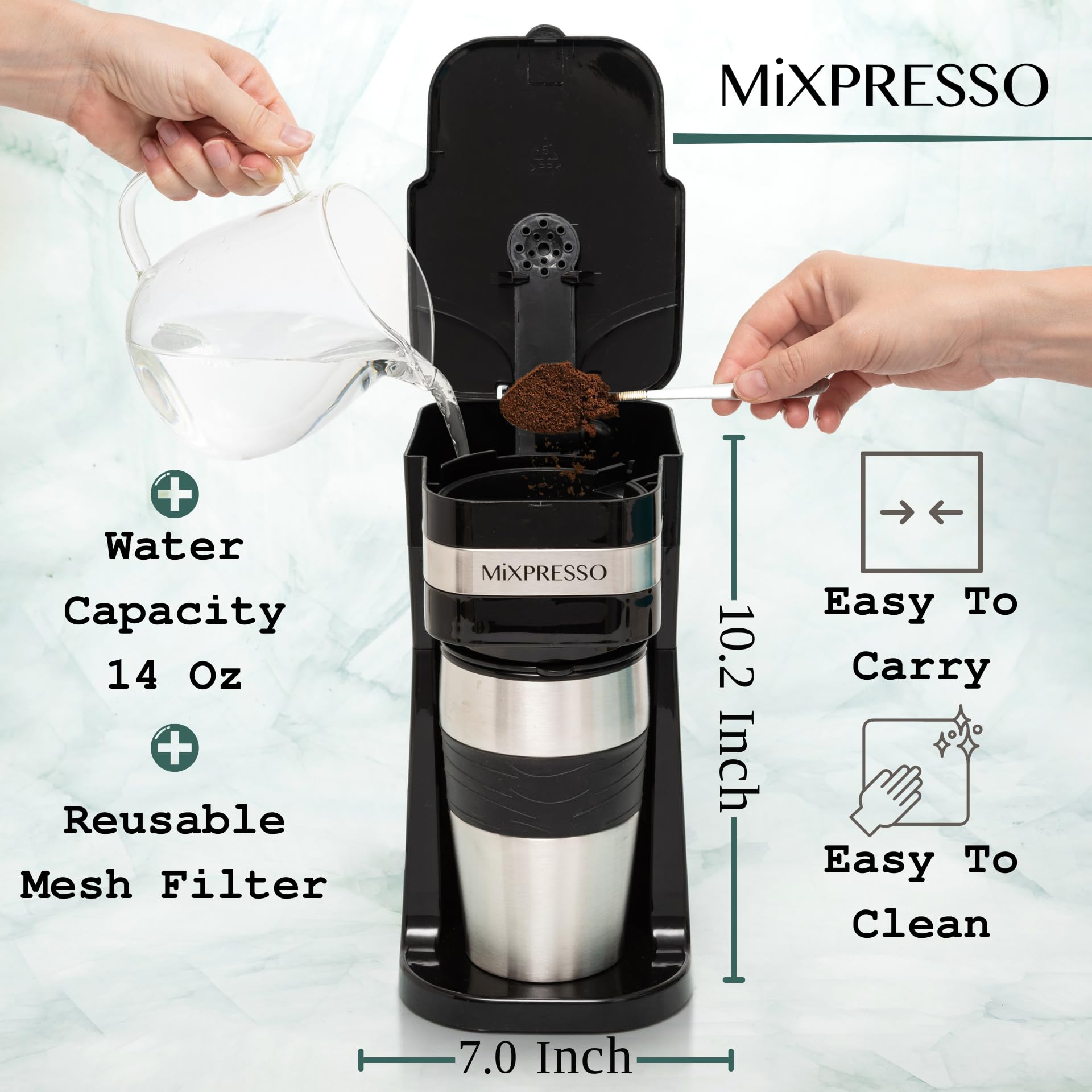 Mixpresso Black Personal Coffee Maker includes a 14oz travel mug for on-the-go coffee.