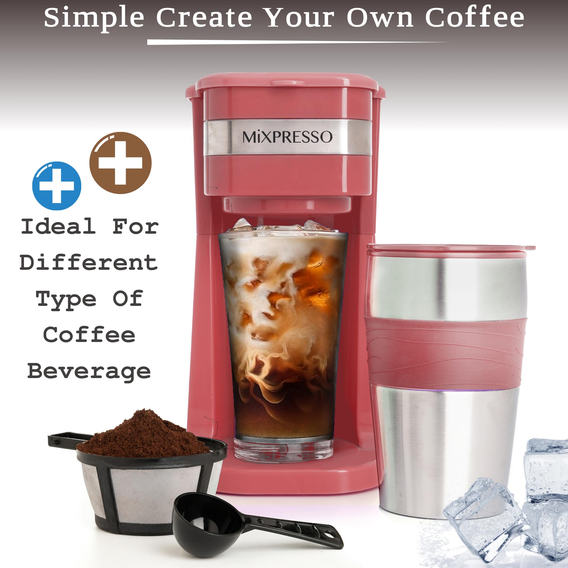 Mixpresso 14oz travel mug fits car cup holders for on-the-go drinks.