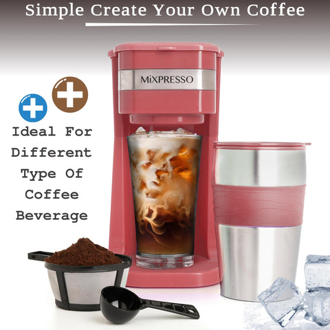 Mixpresso 14oz travel mug fits car cup holders for on-the-go drinks.