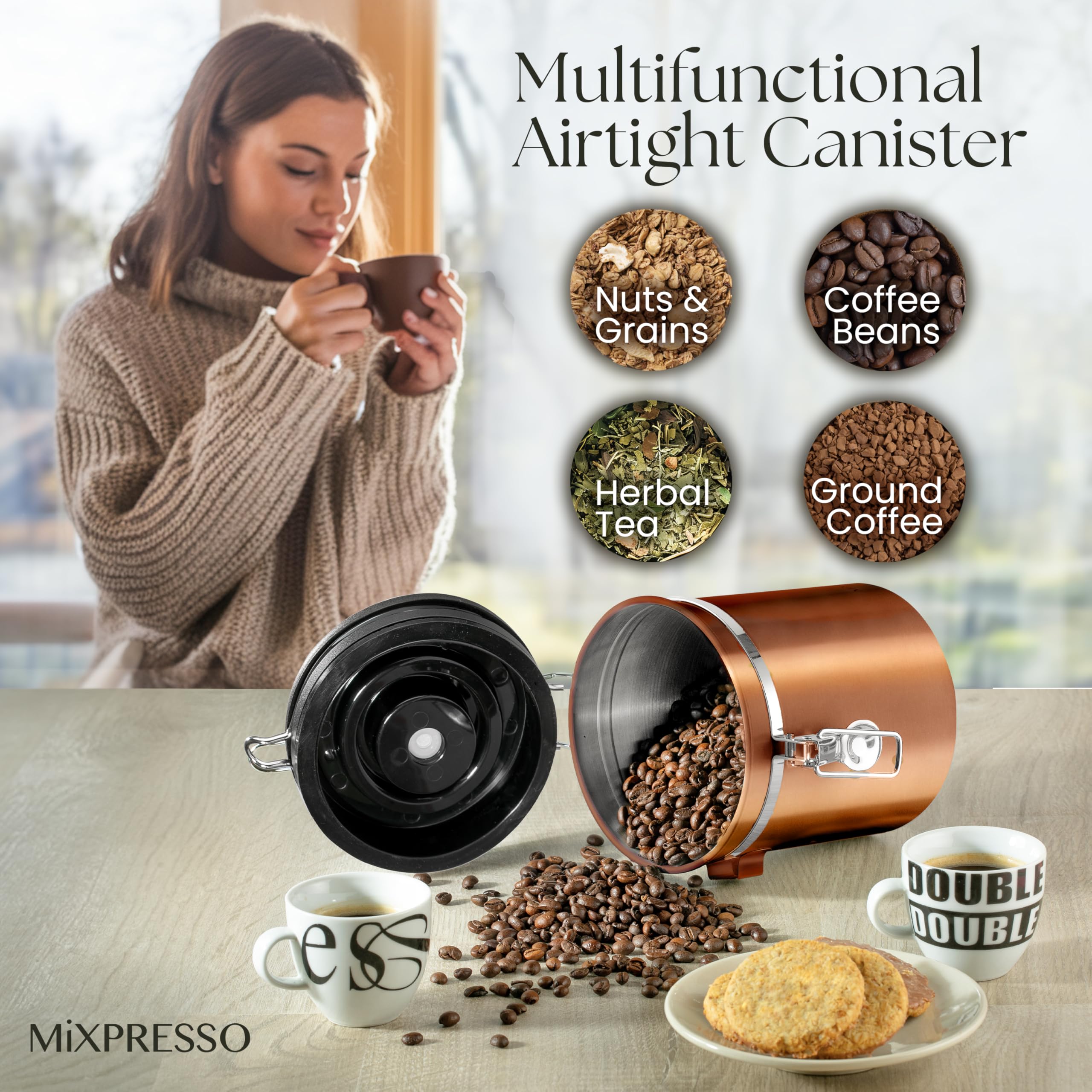 Mixpresso 16 oz canister holding coffee beans and grounds.
