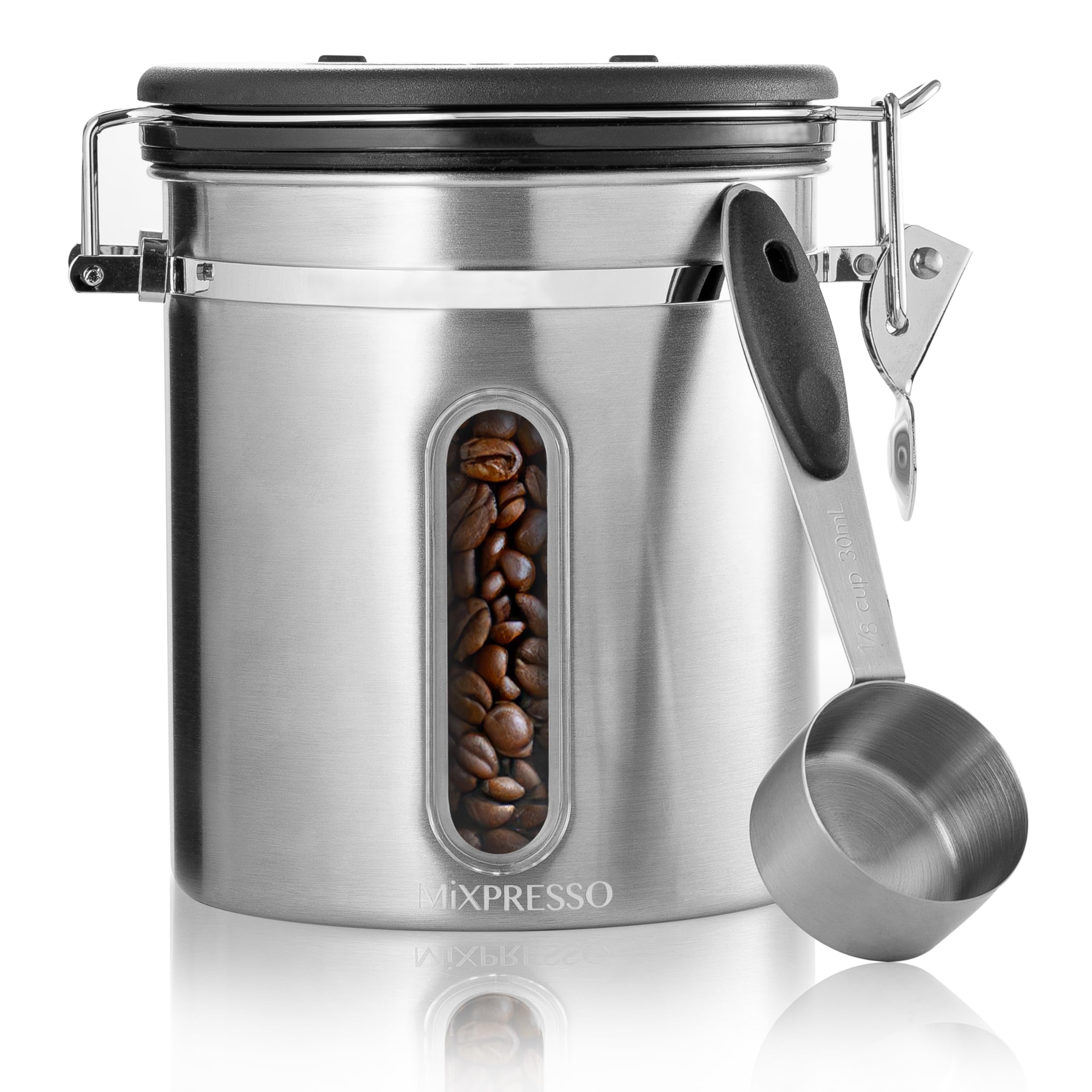 Mixpresso 16oz canister with window showing freshness for coffee beans
