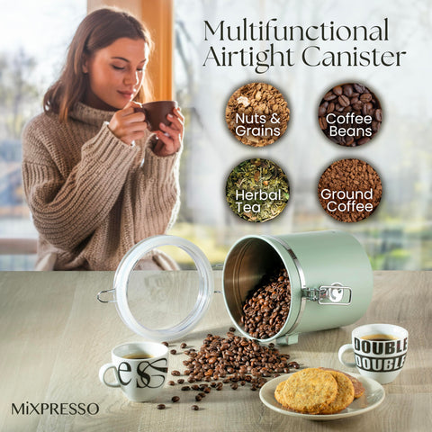 Mixpresso 16oz storage fits coffee grounds, beans, or tea leaves.