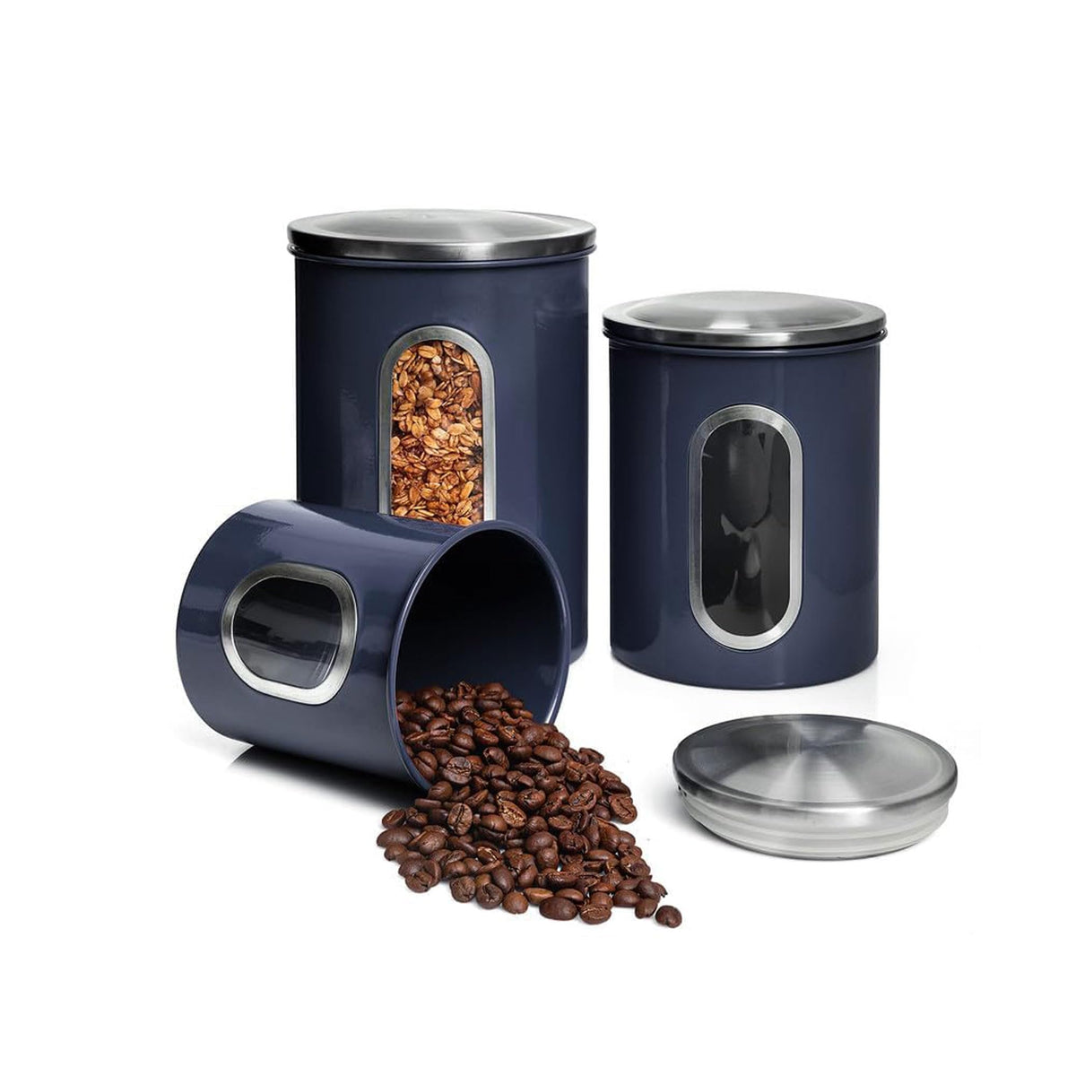 Mixpresso 3-piece blue canisters with clear window for quick content checks.