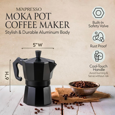 Mixpresso Black 3-Cup Moka Pot top view, easy on gas or electric stoves.