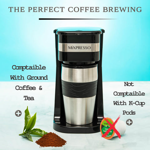 Mixpresso Black Personal Coffee Maker brews with single-serve action for quick cups.