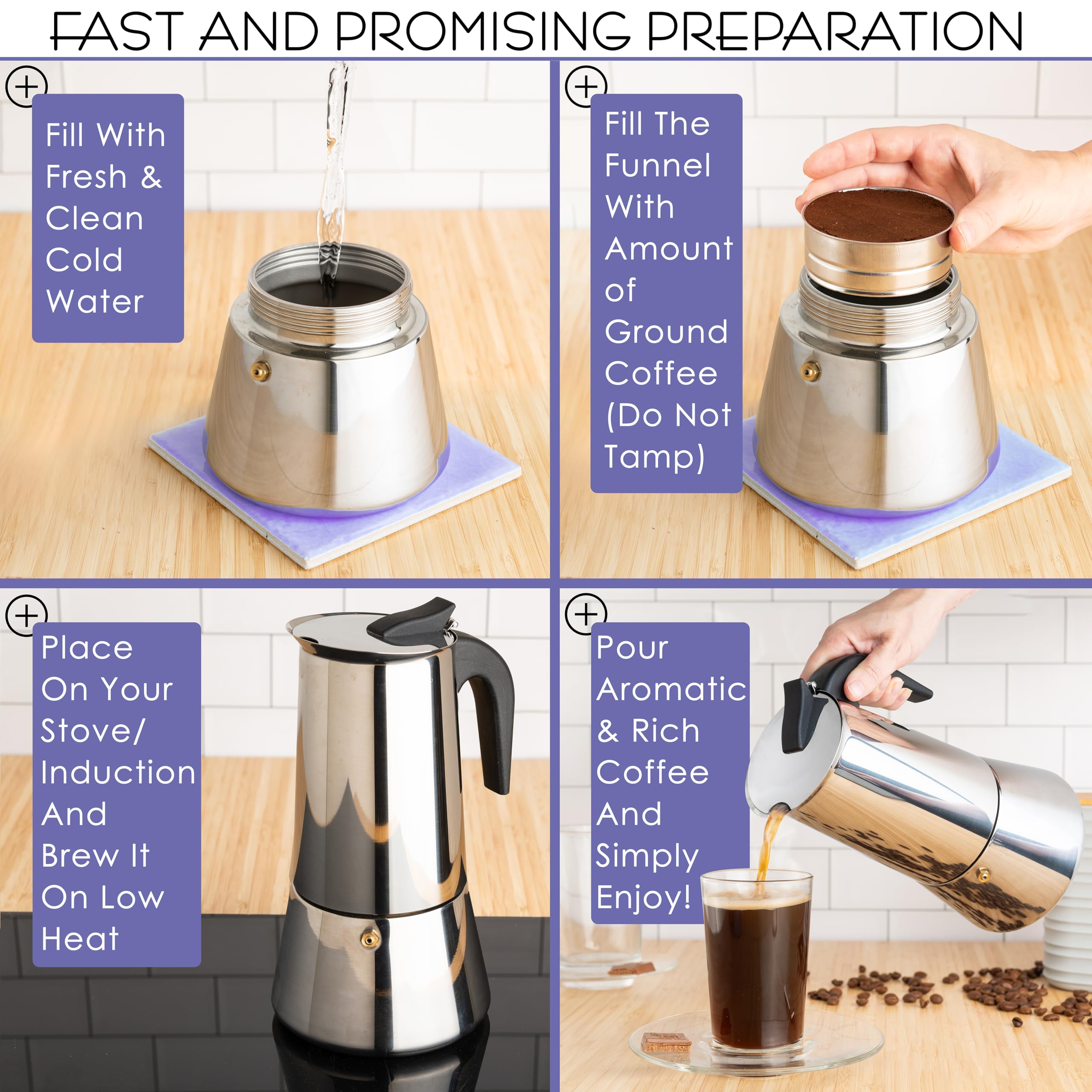 Built-in filter system in Mixpresso moka pot reduces waste from paper filters.