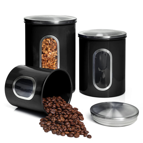 Mixpresso canisters with airtight lids and a clear window for quick freshness checks.