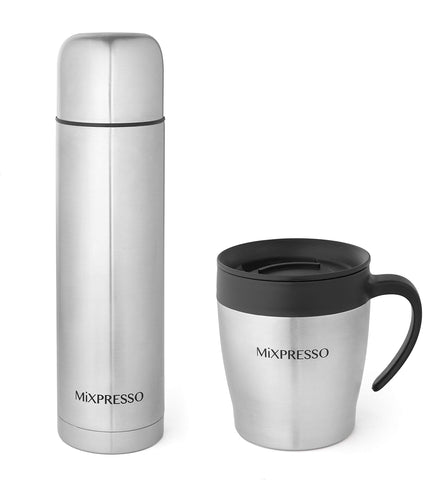Mixpresso coffee flask front view with sleek stainless steel heat retention.