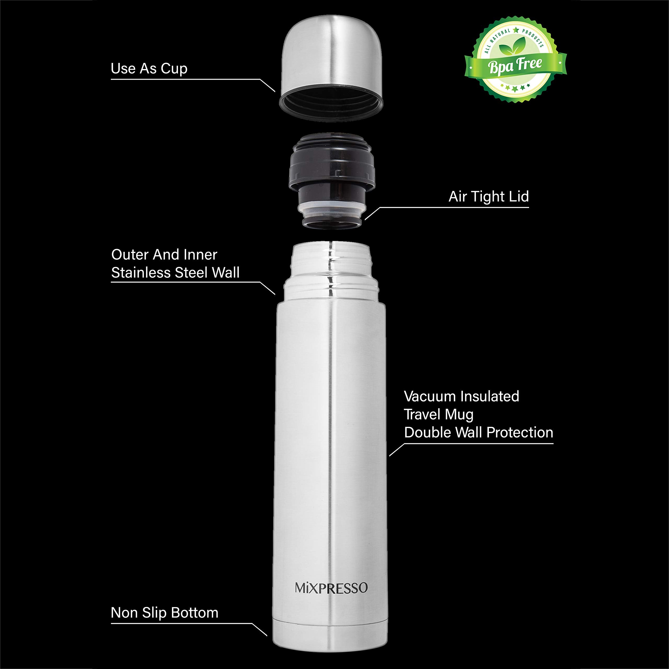 Mixpresso coffee flask side handle for easy grip during commutes.