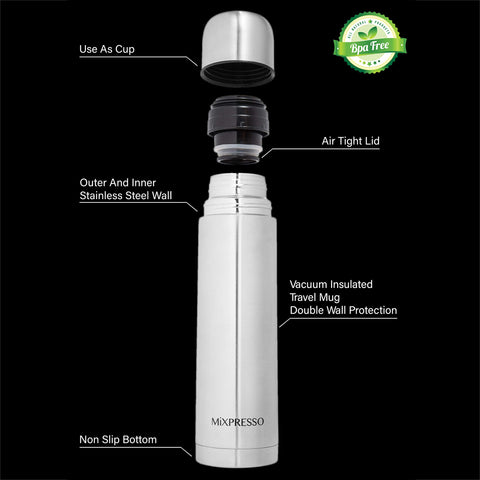 Mixpresso coffee flask side handle for easy grip during commutes.