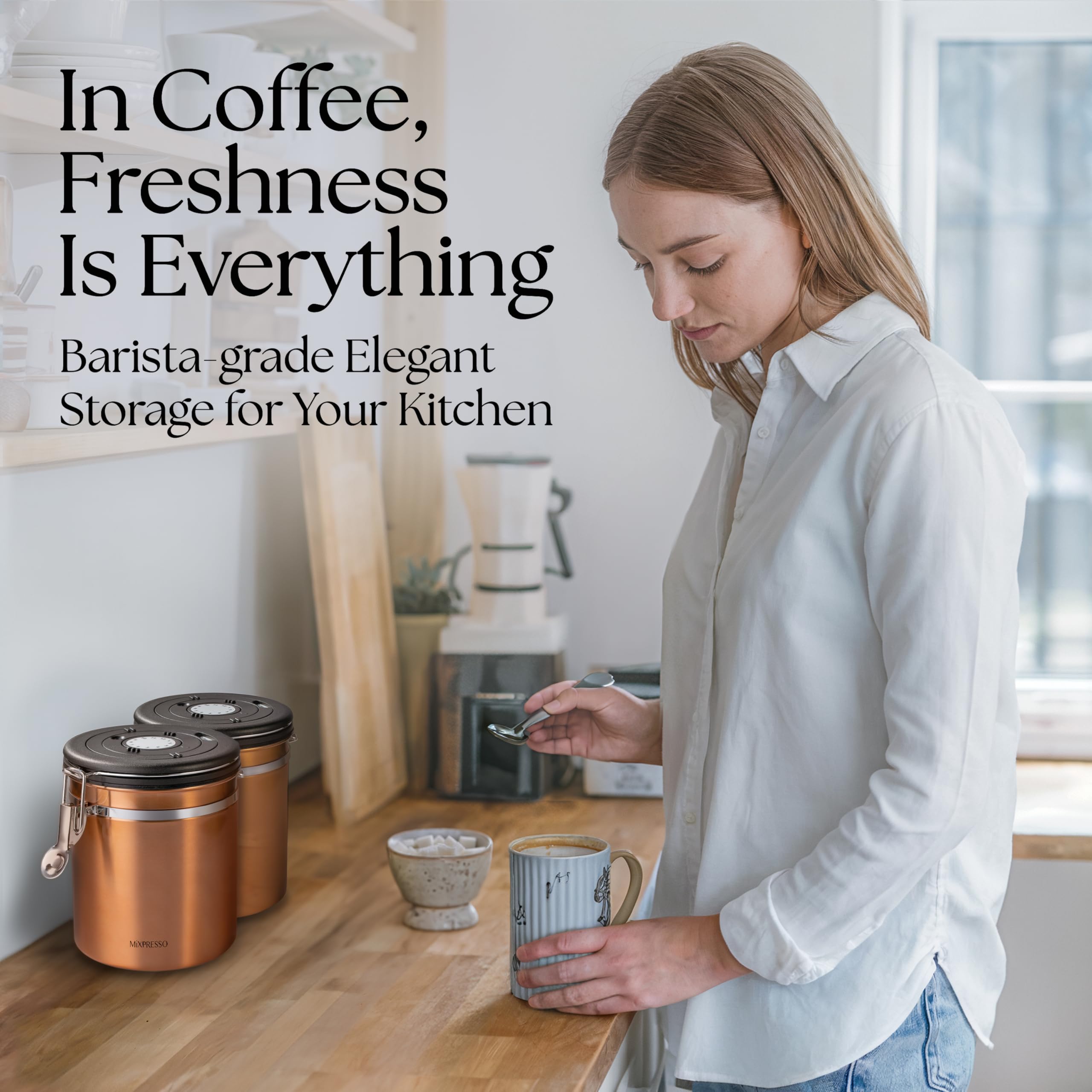 Mixpresso storage for coffee, tea, and sugar in one canister.