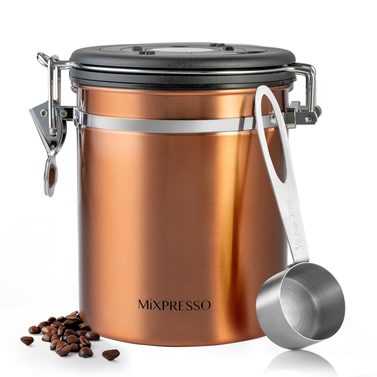 Mixpresso copper coffee canister with airtight seal preserves aroma.