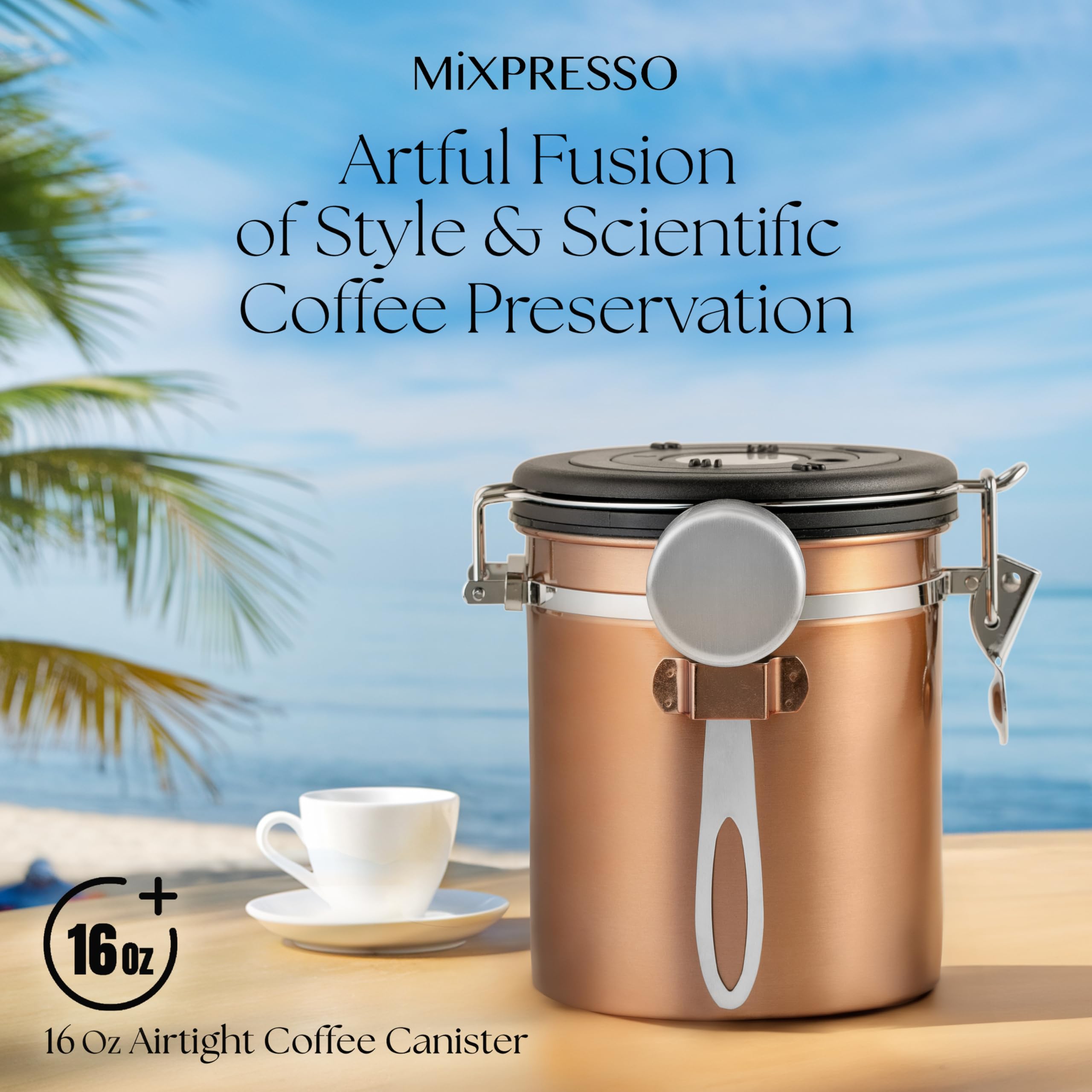 Copper finish adds modern style to Mixpresso kitchen canister.