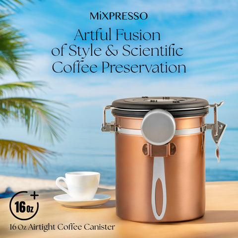 Copper finish adds modern style to Mixpresso kitchen canister.